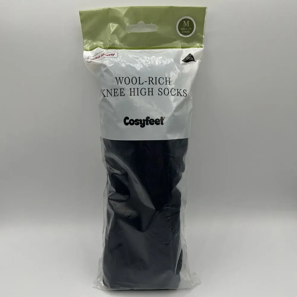 Cosyfeet Wool-Rich Knee High Socks Navy Extra Roomy Size M 6-11 2 Pairs Merino